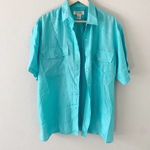 Bogari | Vintage Silk Teal Blue Button Down Short Sleeve Top Size  Large